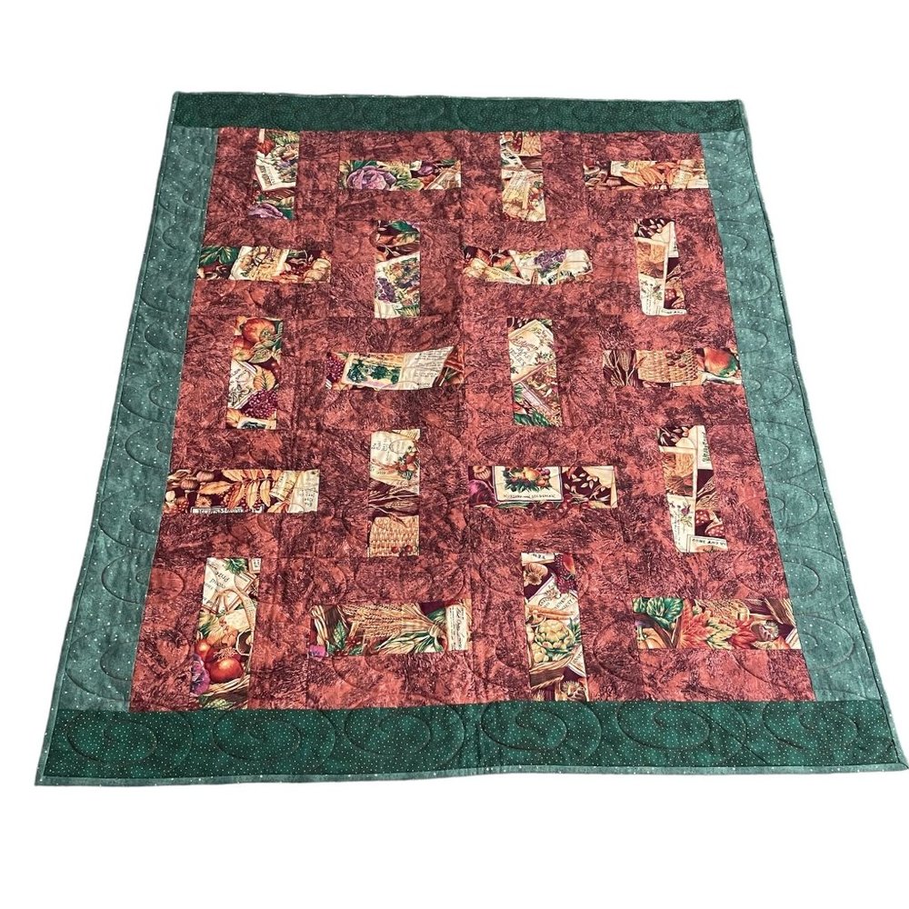 Handmade Harvest Lap Quilt Split Rail Greens & Browns Fall Leaf Berries  43 x 52